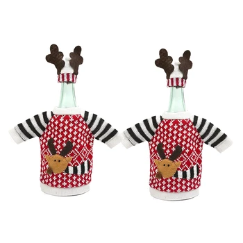 

2Pcs Christmas Reindeer Sweater Wine Bottle Cover,Knitted Ugly Sweater Covers for Christmas Decorations, Handmade Wine Bottle Sw