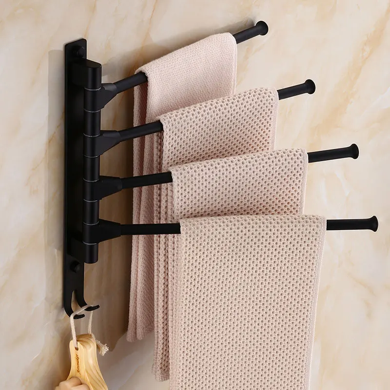 European black space aluminum bathroom towel bars rotating rod hotel towel rack 2/3/4/5 bars movable pole wall mounted 6