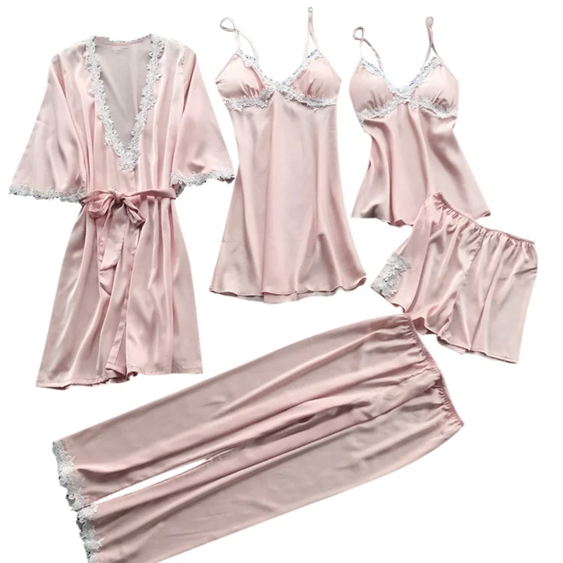 5 шт. женские сексуальные пижамы шелковые пижамы Осень Весна элегантное кружевное нижнее белье большой размер для сна - Цвет: Pink