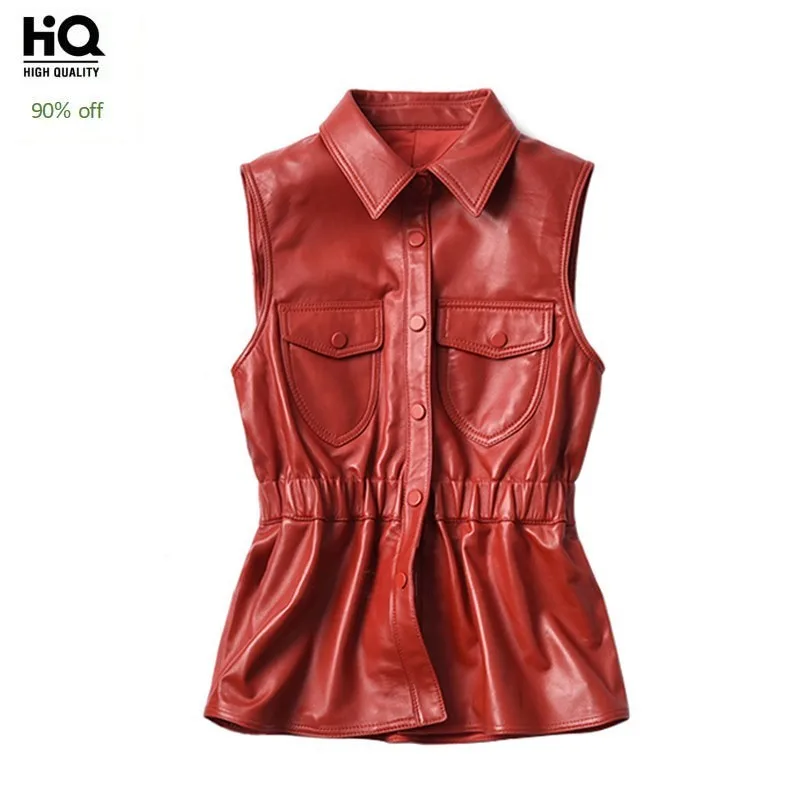 

Autumn Women Elastic Waist Sleeveless Waistcoat Pockets Sheepskin Genuine Leather Vest Outwear Tops Suits Single Breasted Jacket