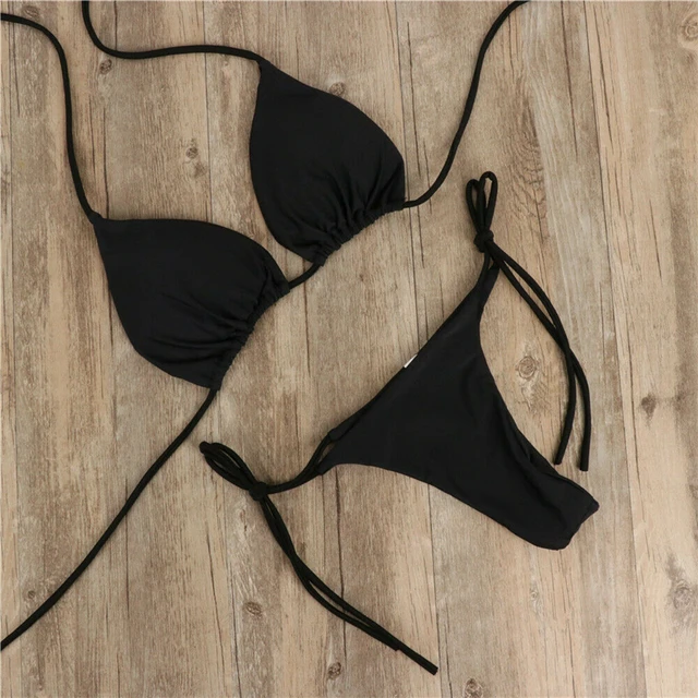 Conjunto de Bikini con Tanga para mujer, traje de baño Sexy de un solo color con lazo lateral, estilo Bandage, brasileño 2