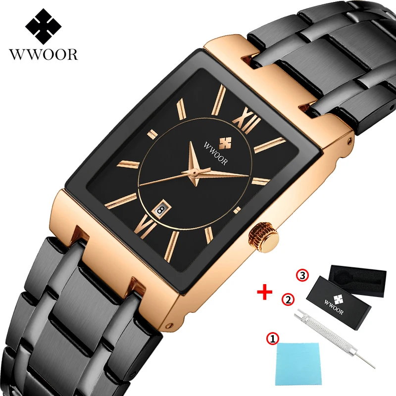 Rose Black Мужские часы Топ бренд класса люкс WWOOR золотые черные квадратные кварцевые часы мужские водонепроницаемые золотые мужские наручные часы+ подарочная коробка - Цвет: Rose Black