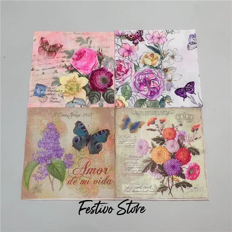 Decoupage-servilletas de papel para mesa, pañuelo elegante Vintage, toalla con estampado de flores y mariposas, decoración del hogar para fiesta de cumpleaños y boda