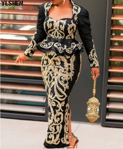 Африканские платья с принтом для женщин, модное вечернее длинное платье, облегающее платье в африканском стиле, африканская одежда, женское платье - Цвет: Black