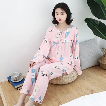 

2020 Women's Summer Pijamas O Neck Long Sleeve Printing Female Nightwear Plus Size Loose With Ruffles Casual Sleepwear Ladies