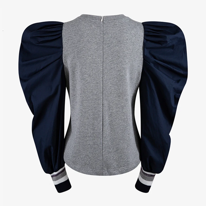 GALCAUR Patchwork Hit Color Women's Sweatshirt O Neck Puff Sleeve Oversized Pullover Sweatshirt Female Autumn Fashion New