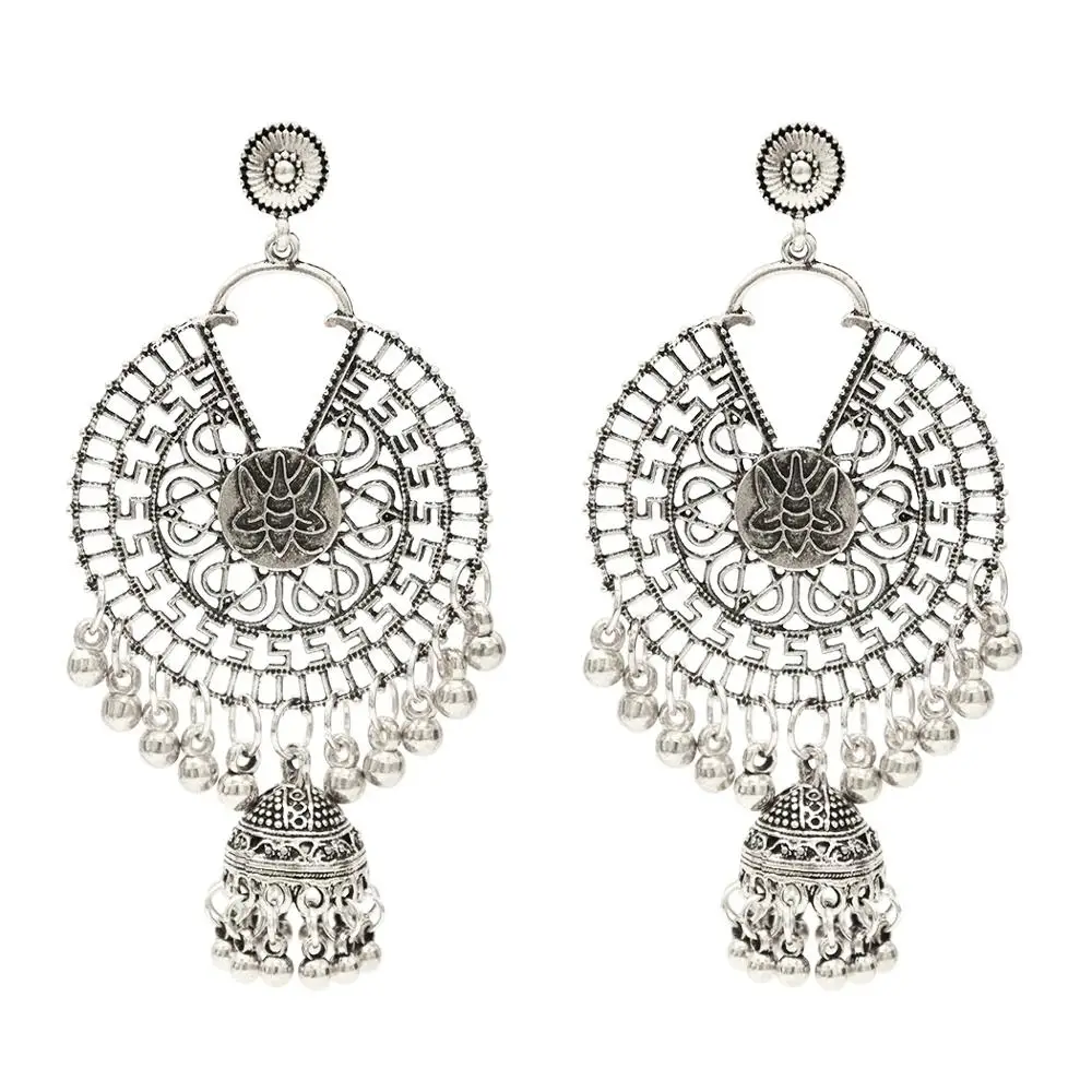 E-5408-D Для женщин индийский окисленный Jhumka Jhumki индийские серьги золотого и серебряного цвета, на крючках с длинной бахромой серьги женские массивные уши афганских ювелирные изделия - Окраска металла: E-5408-D
