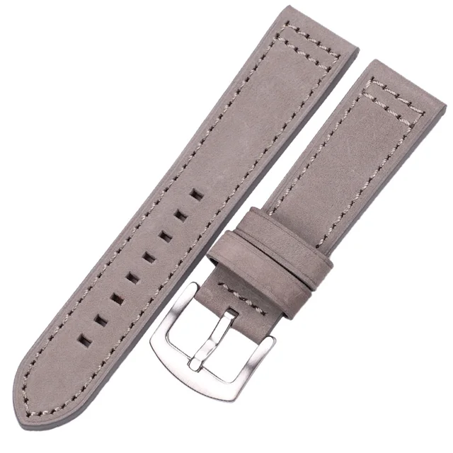 HENGRC Genuine Leather Watchbands Bracelet Black Blue Gray Brown Cowhide Watch Strap For Women Men 18 20mm 22mm 24mm Wrist Band Gray silver buckle