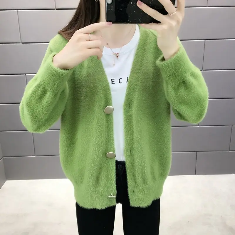 Women Mink Fleece Knitted Cardigan Jacket Pink 2025 Spring And Autumn New Korean Sweater Femme Short Loose White Jacket Female