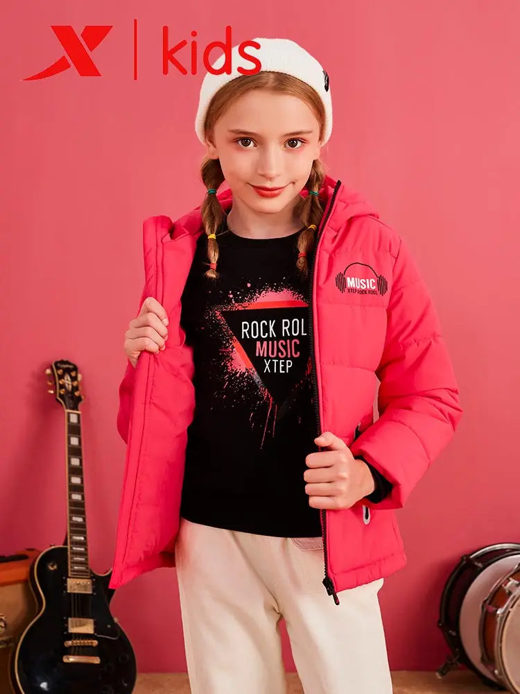 

Xtep Girls Fashion Hooded Down Jackets Kids Casual Solid Color Zipper Warm Coats Children Thicken Coats 682424189047