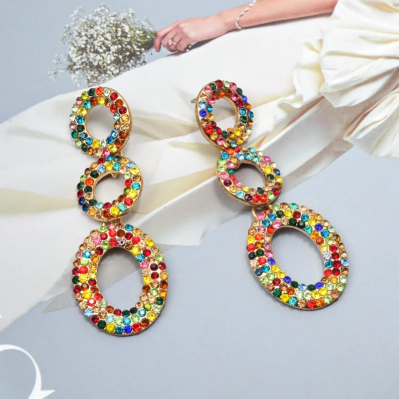 Модный круглый металлический Разноцветные кристаллы длинные висячие серьги ювелирные изделия Аксессуары для женщин Рождественский подарок