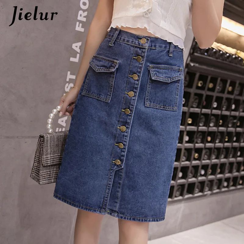 Jielur faldas de mezclilla de cintura alta de talla grande botones bolsillos Jeans clásicos falda para mujer S-5XL moda coreana elegante Jupe Femme