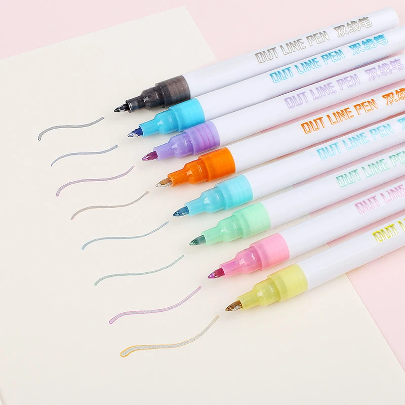 

8 Colors/Set Gift Card Writing Drawing Pens Double Line Outline Pen Stationery AS99