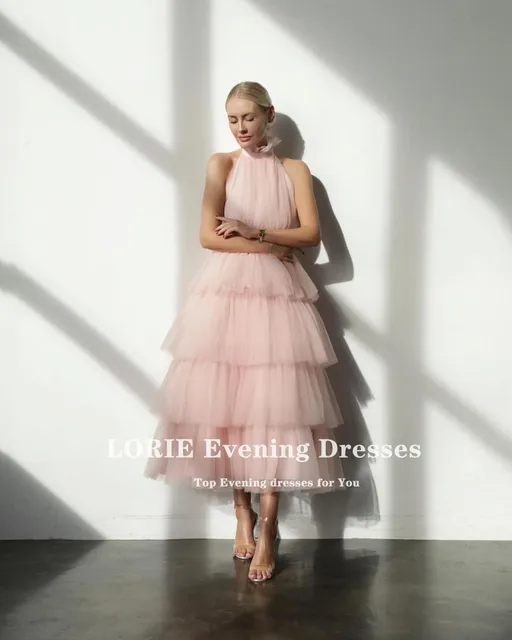 LORIE Baby Pink Prom Dresses Tea Length Tiered Tulle Cupcake Special Occasion Baby Blue Simple Girl Wedding Party Dress Pink