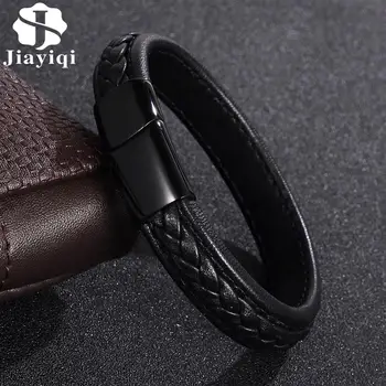 

Jiayiqi Genuine Leather Bracelet Fashion Men Jewelry Stainless Steel Magnetic Clasp Braided Black Brown Punk Rock Leather Bangle