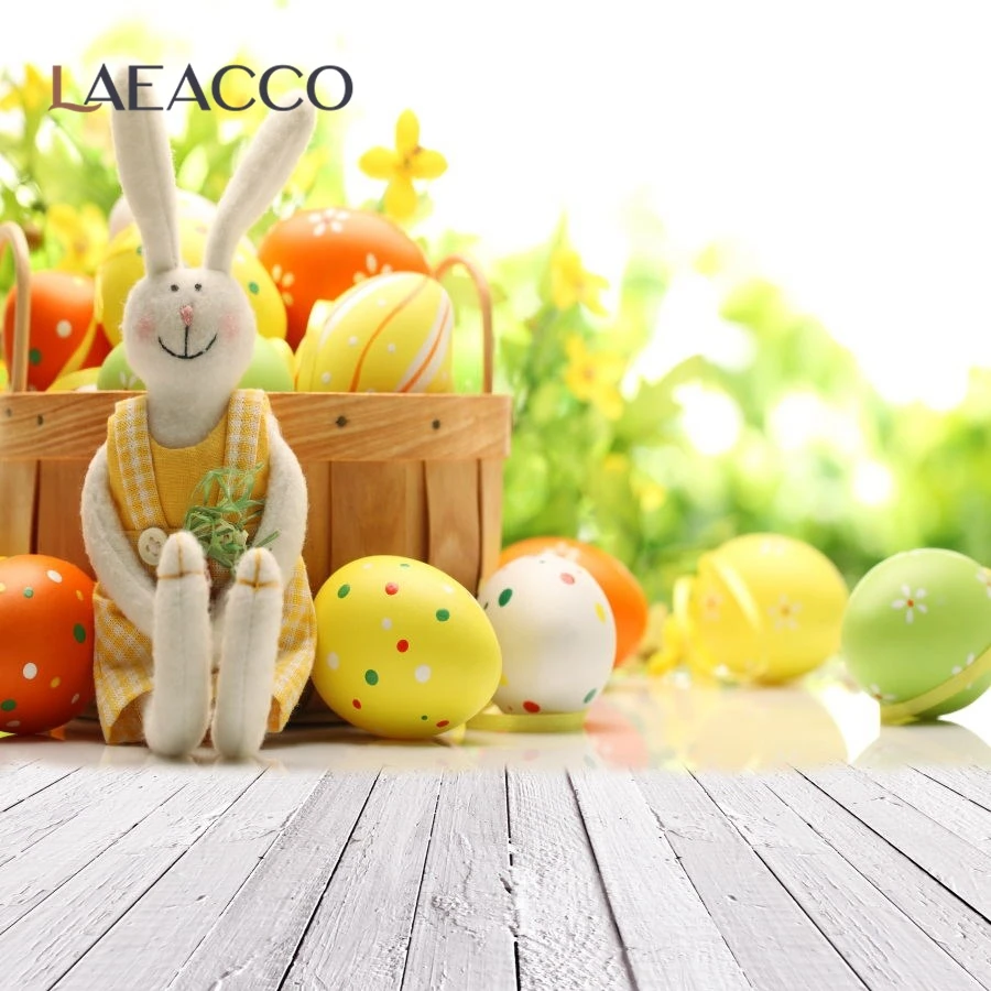 9x6ft Interior Easter Photography Backdrops Cute Paper-Cut Bunny Eggs Baskets Big Bird Nest Wood Floor Backgroud Baby Shower Children Portraits Studio Photo Shooting Props