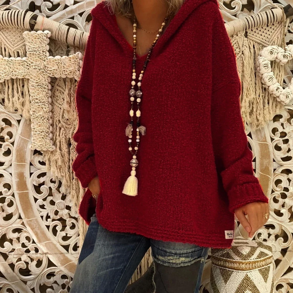 CYSINCOS осенне-зимний свободный женский свитер, однотонный вязаный Топ, Модный пуловер с v-образным вырезом размера плюс, женский свитер с капюшоном