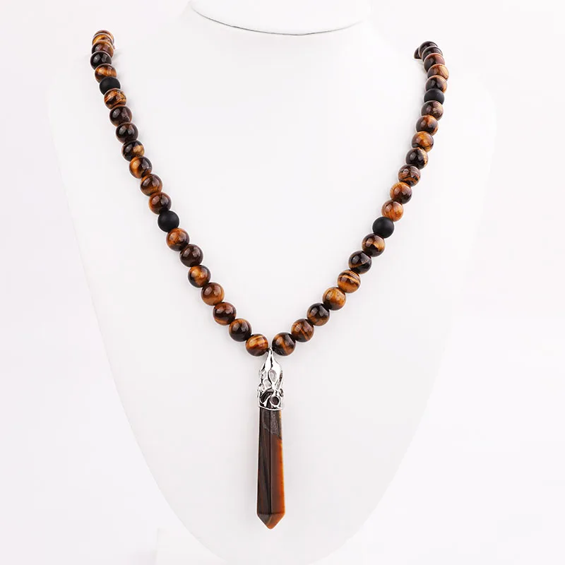 New Men Necklace Natural Stone Beads Handmade Tiger Eye Matte Onyx Stone Braided Adjustable Pendant Necklace Jewelry Gift Men