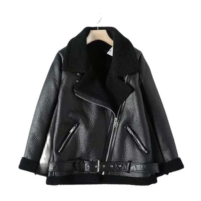 Za Fur Long Sleeved Loose Belt Warm Women's Jacket Lamb Wool Winter Thickened Locomotive Lapel Female Coat Beige Black Chic PU