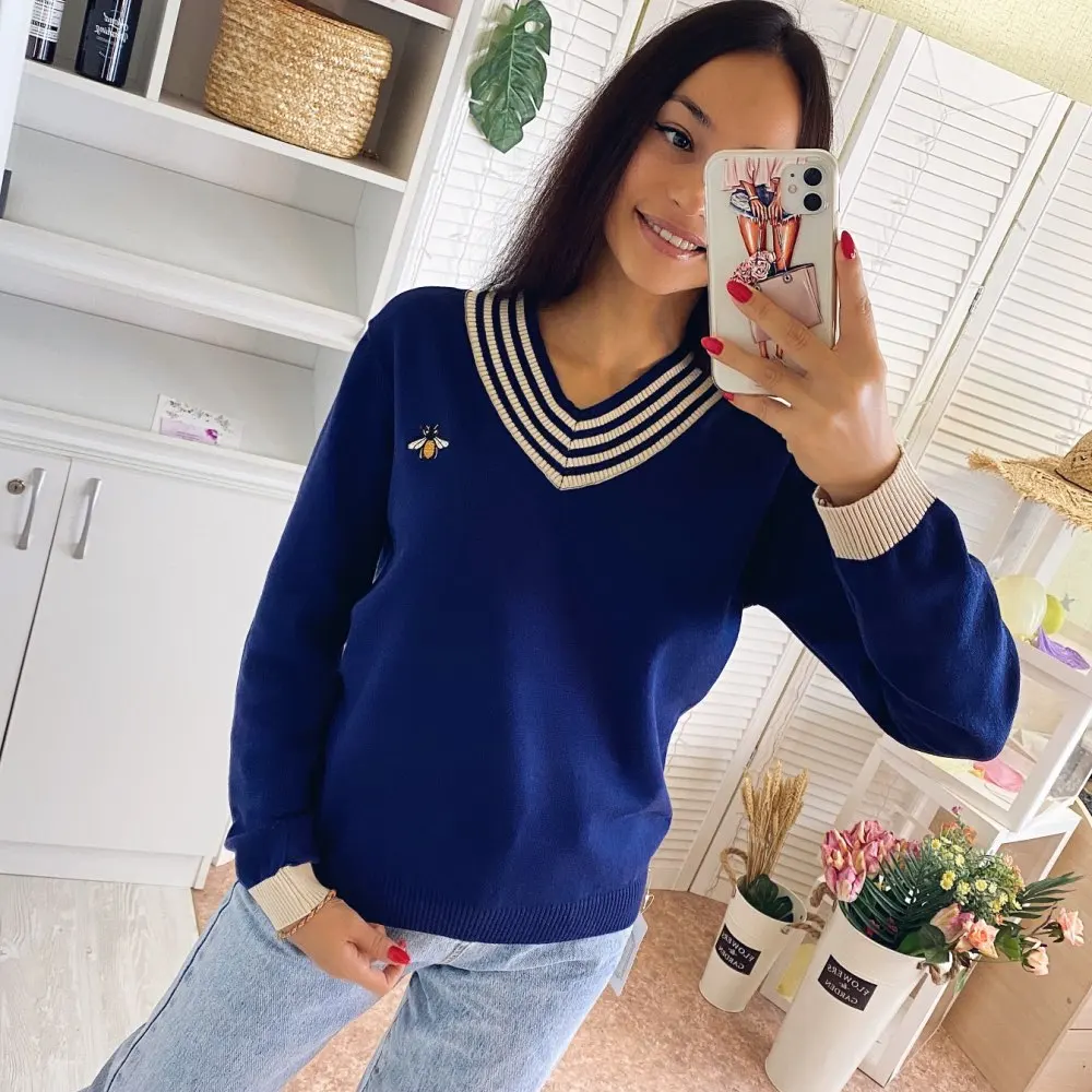 2021 casual Autumn winter V Neck Knitted Pullovers Women loose basic Sweater Solid Color Jumpers female sweater top | Женская одежда
