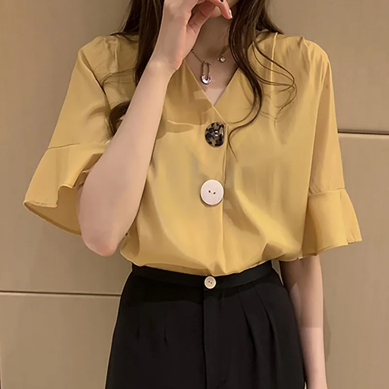 

Summer Butterfly Sleeve Chiffon Bloouse Women Solid Color Button Shirt Fashion V Neck Shirts