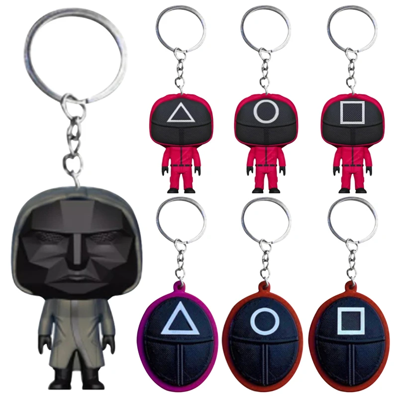 Squid Game Keychain Soldier Triangle Series Creative Charms 3d Mini Doll Figurine Key Ring Car Backpack Pendant Gift Ornaments