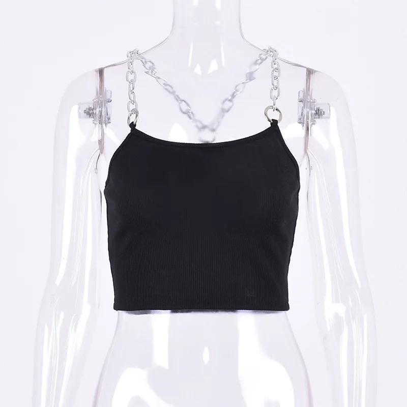 ArtSu Metal Chain Straps Sexy Cropped Tank Top Women 2020 Streetwear Club Crop Top Summer Vest Fashion Black White Green Tops