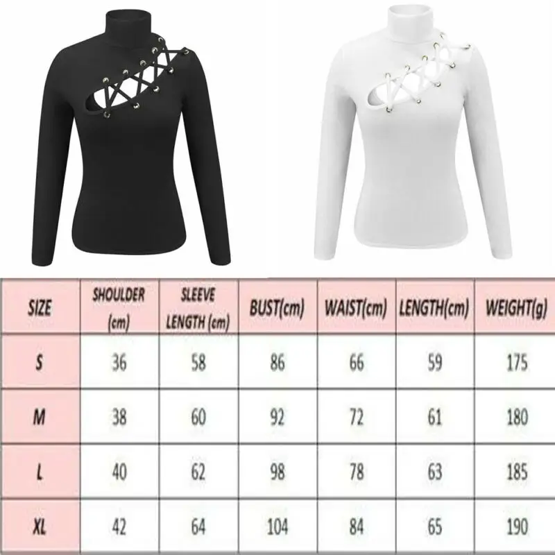 Womens Sexy Slim Fit Long Sleeve T-shirts Lace-Up Eyelet Hollow Out T-Shirt High Neck T Shirts Tops Slim Stretch Ladies Tee Top