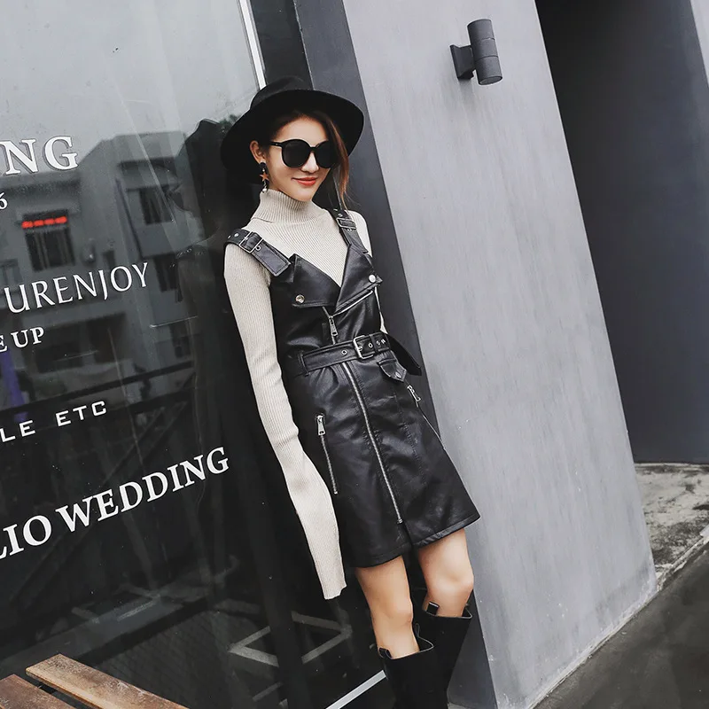 

2020 New Womens Dresses High Waist Streetwear Female Harness Leather Dress Package Hip Sheepskin Genuine Leather Vestido Lace Up