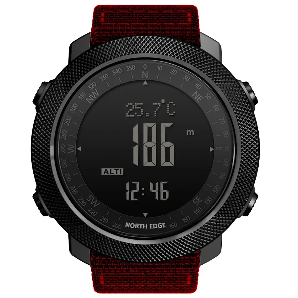 NORTH EDGE Men's sport Digital watch Hours Running Swimming Military Army watches Altimeter Barometer Compass waterproof 50m - Color: Red