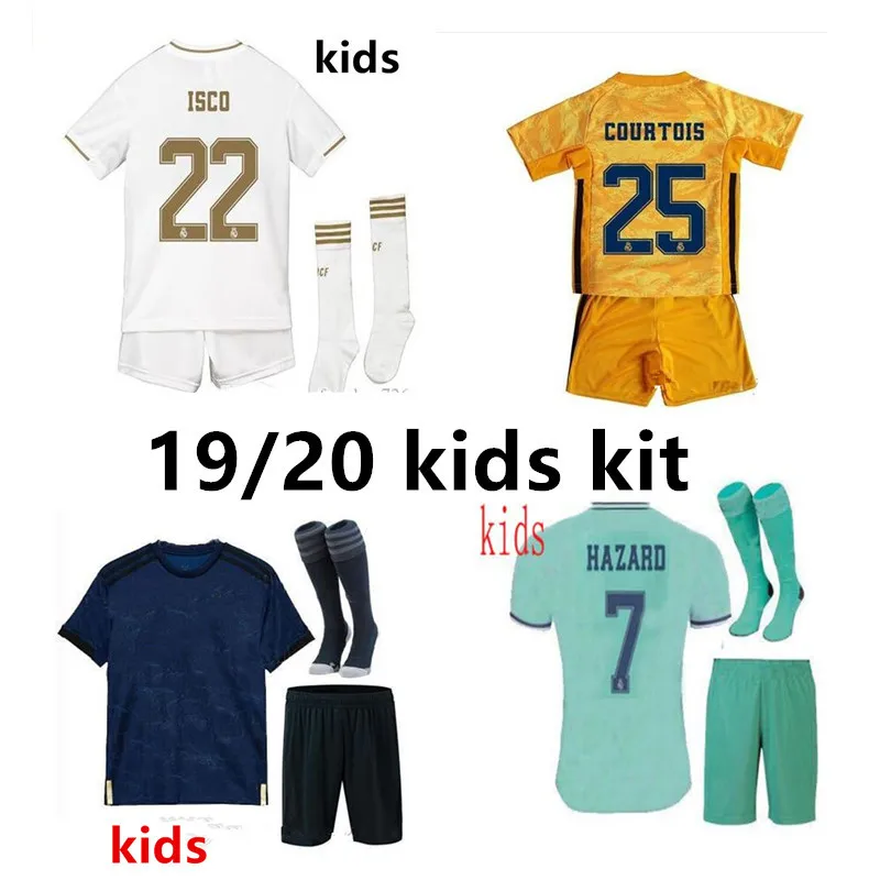 Новинка года, Детский комплект «Реал Мадрид»+ носки Футбольная Футболка из Джерси для дома и улицы, 3 Hazard ISCO HAZARD 19 20, футбольная рубашка детский комплект+ носки