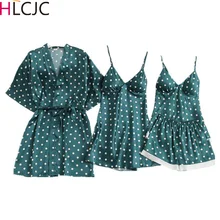 Модный очаровательный комплект из 4 предметов, женский Шелковый Атласный халат в горошек, шорты, одежда для сна, Милая Ночная рубашка, пижама, сексуальные комплекты платьев для девочек