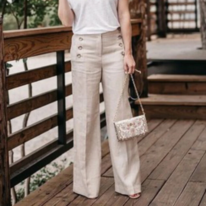 

Cotton Linen Women Wide Legs Pants Solid Casual High Waist Button Trousers Female Loose Pants