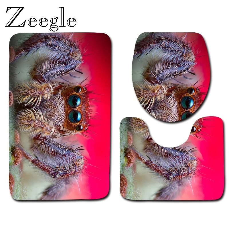 Zeegle 3D Printed Spider Bath Mat Set Bathroom Carpet Toilet U Type Bath Mats Set Non Slip Toilet Foot Rug Lid Toilet Cover Mat