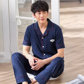 

Pajamas Pure Cotton Men Summer Short-Sleeved Trousers Thin Large Size Teenager Cardigan Men'S Homewear Set Home Wear