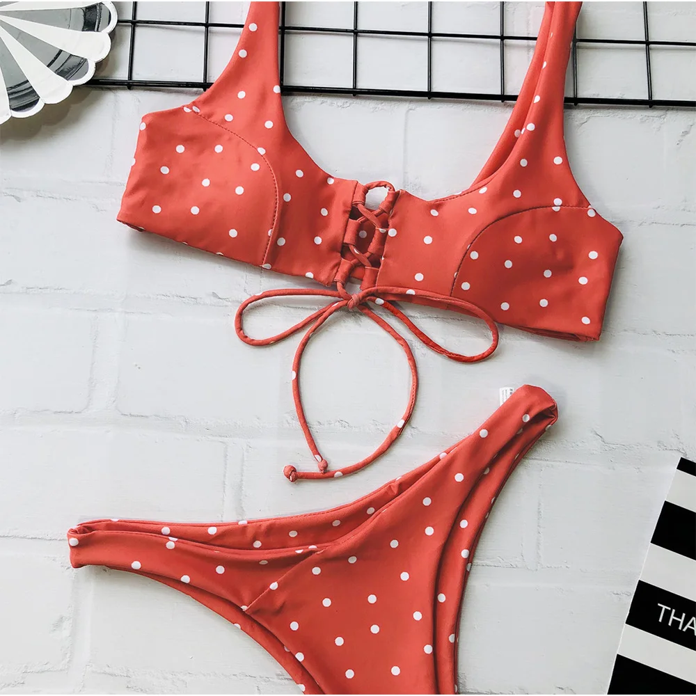 Sexy High Waist Polka Dot Orange Print Bikini Women's Halter Bandage Bra Thong Bikini Set Swimsuit Two-piece Beach Swimwear
