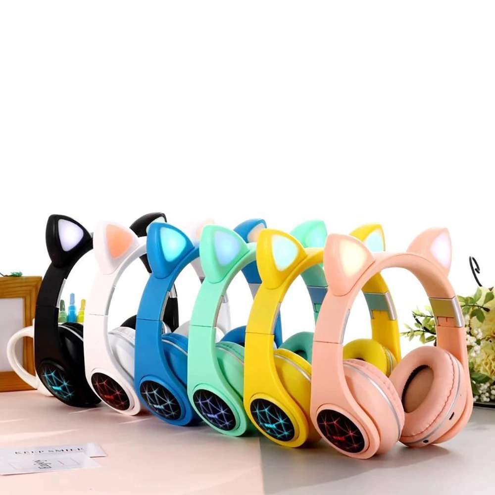 Wireless Headphone pink Cat Ear Bluetooth 5 0 Earphone LDE Flashing Light Stereo MusicTF Card 3 5 mm Plug with Microphone