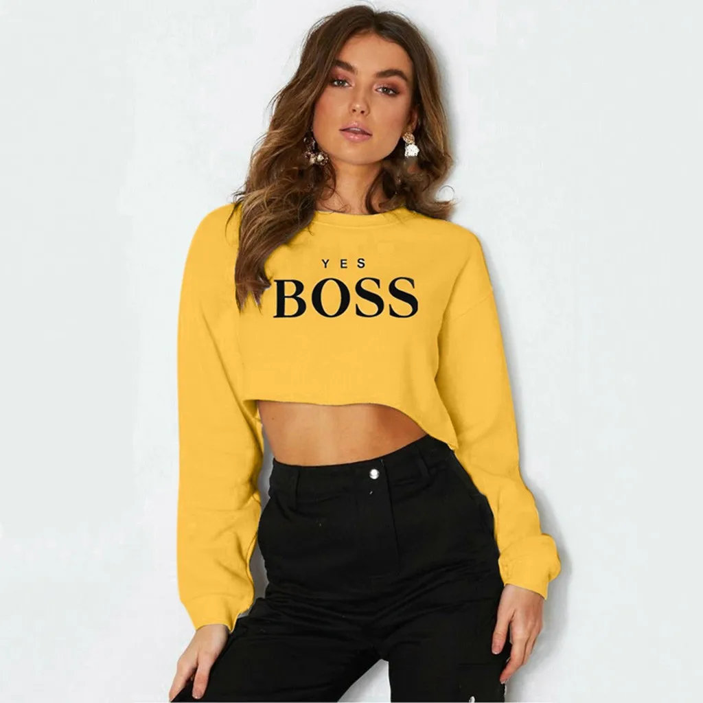 Womail кофты Для женщин Зимняя да с надписью Boss свитшот с принтом Повседневное комфортный круглый вырез Новые короткие элегантный свитшот пуловер