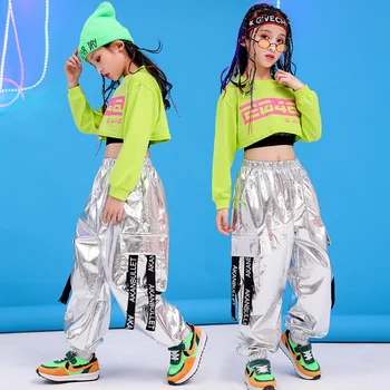 

Girls Jazz Dance Costumes Bright Silver Pants Hiphop Suit Children Hip-Hop Dance Clothing For Kids Stage Dance Show Wear SL2367
