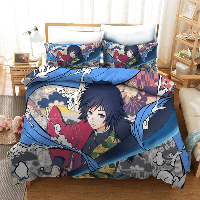 Anime Demon Slayer Conjunto de cama de solteiro 3 peças de desenho animado  3D capa de edredom para meninos decoração de quarto de casa sem  edredom-F_US-Twin172 x 218 cm