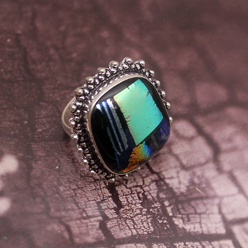 Hermosa Solitaire уникальное старинное дихроическое стекло 925 пробы Серебряное романтическое кольцо Размер 8 A881