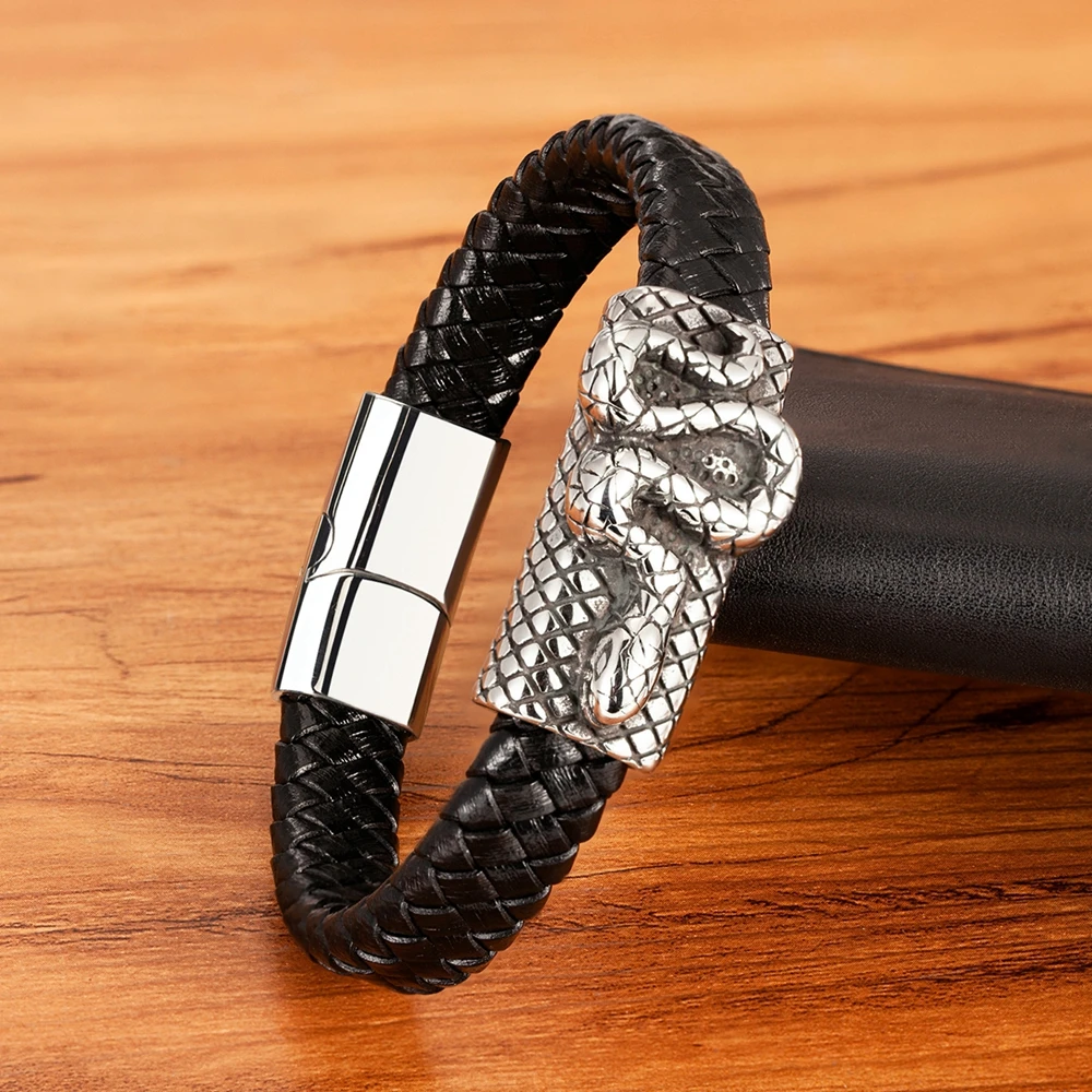 TYO Cool Style Men Leather Bracelets & Bangles Skull Owl Scorpion Snake Braided Wrap Stainless Steel Bracelets For Halloween - Image 4