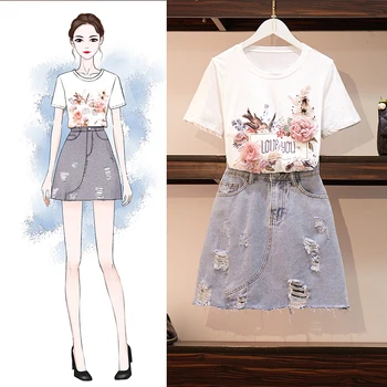 

2020 Summer Two Piece Women's Sets Flower Patchwork Print T-Shirts Hole Jean Mini Skirt Casual Suits Dress