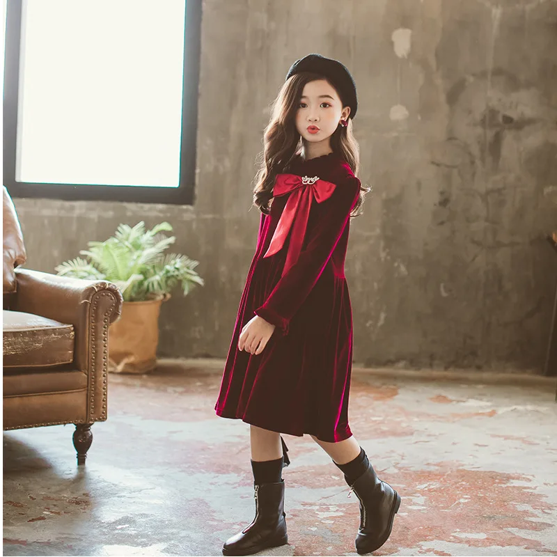 New Year Velvet Girls Dresses Long Sleeve Red Navy Fall Winter Kids Children's Clothing Baby Girl Princess Dress Toddler Clothes - Цвет: Красный