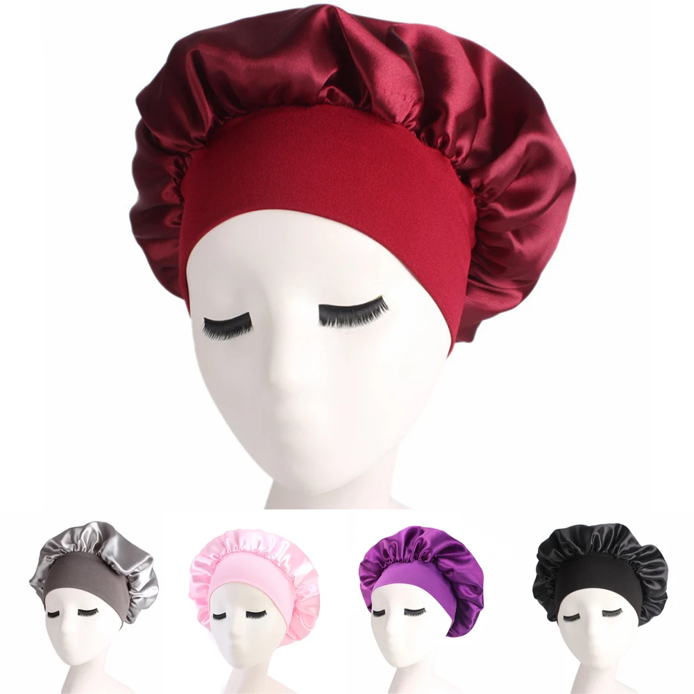 Hot Sale Women Nightcap Newly Satin Solid Sleeping Hat Wide Elastic Band Hair Care Bonnet Color Shower Cap Unisex Dome Sleep | Дом и сад
