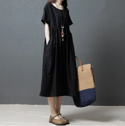 

2019 Korean-style Loose And Plus-sized WOMEN'S Dress Fashion Comfortable Crew Neck Cotton Linen Dress
