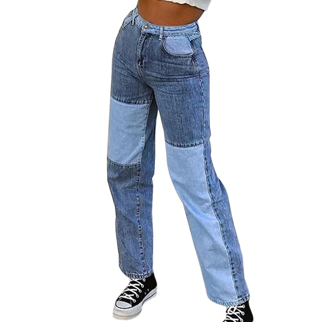 Vaqueros rectos de retales para mujer, Jeans informales holgados de cintura alta, Vaqueros Vintage para mujer, vaqueros de pierna ancha