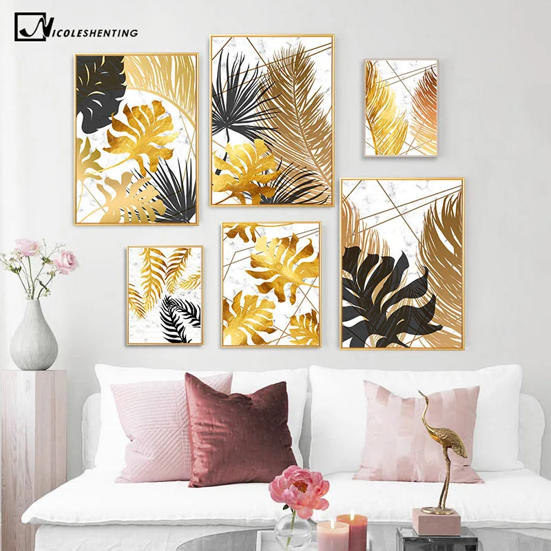 Tropical Plant Golden Leaf Abstract Poster Nordic Wall Art Canvas Botanical Print Painting Modern Home Room Decoration Picture