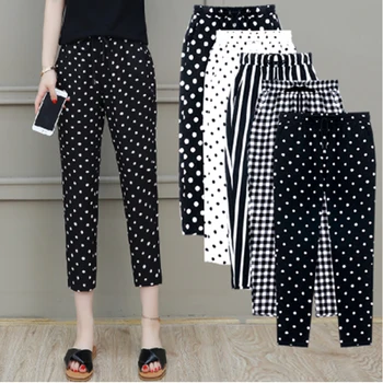 

2020 Summer New Women Trousers Plus Size 5XL Female Capris Plaid Calf-Length Pants Casual Dot Pants Drawstring Striped Pant