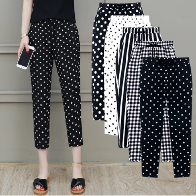 2020 Summer New Women Trousers Plus Size 5XL Female Capris Plaid Calf-Length Pants Casual Dot Pants Drawstring Striped Pant 2020 Summer New Women Trousers Plus Size 5XL Female Capris Plaid Calf-Length Pants Casual Dot Pants Drawstring Striped Pant